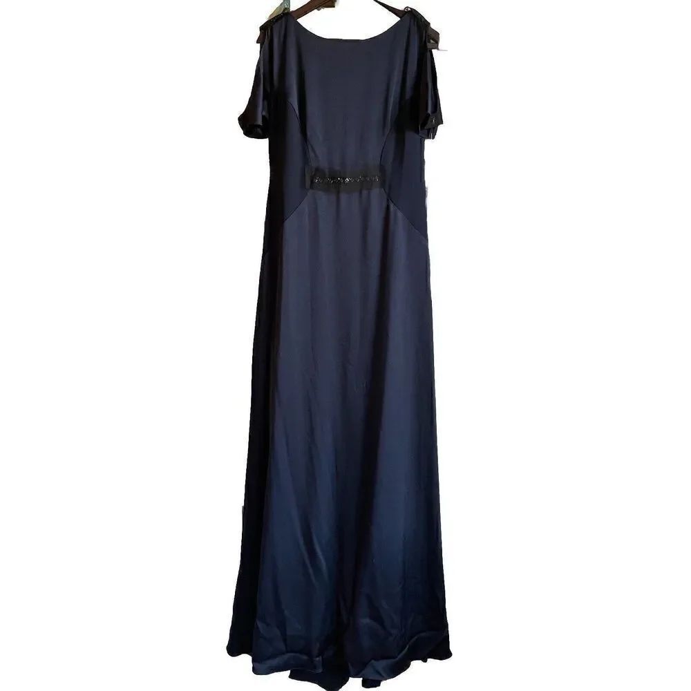 Kay Unger New York Womens Formal Evening Gown 6 Navy Satin Crepe Contrast Beaded